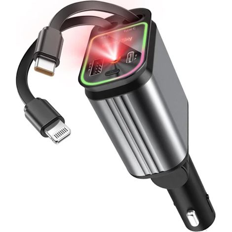 Chargeur de voiture rétractable 4 en 1 avec prise allume-cigare, chargeur de voiture rétractable USB-C à charge rapide de 66 W, chargeur de voiture avec éclairage ciel étoilé. (1/5)
