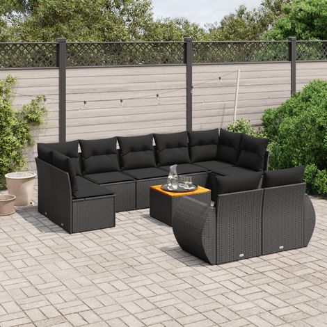 Ensemble Salon Jardin 10 Places Noir Résine Tressée avec Coussins - Table Acacia - Meuble Extérieur Modulaire (1/5)