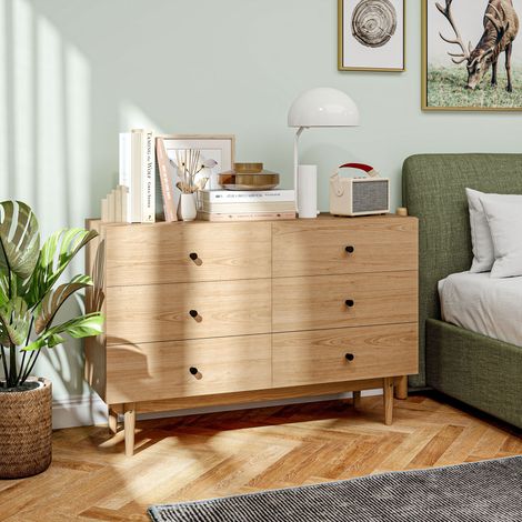 Commode 6 tiroirs meuble de rangement pieds en bois massif 120 x 40 x 80 cm couleur bois