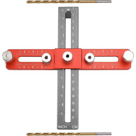 Griffpositionierungswerkzeug, Hilfsmittel zur Montage von Schubladen- und Schranktürgriffen, Bohrwerkzeug für die Holzbearbeitung, orange und grau. (1/5)