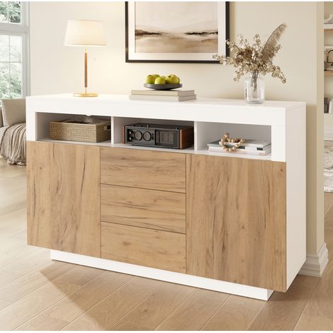 Credenza moderna 140 x 40 x 85 cm con 3 cassetti e 2 ante in legno e bianco OKWISH (1/5)