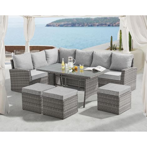 EVRE 9 Seat Marylin Corner Sofa & Dining Rattan Garden Furniture Set for Indoor Outdoor Patios Gardens Conservatories Grey (1/5)