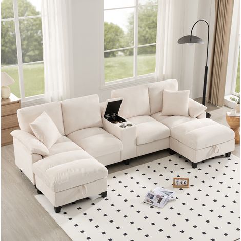 U-Form Sofa 293/142/93 cm beige aus Cord mit USB, Stauraum und Kissen (1/5)