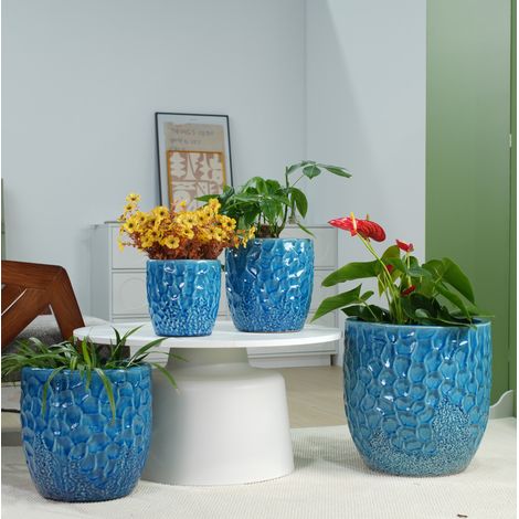 4-teiliges Set blaue Keramik-Blumentöpfe mit Hammerschlagrelief und Drainagelöchern HAVRYA (1/5)