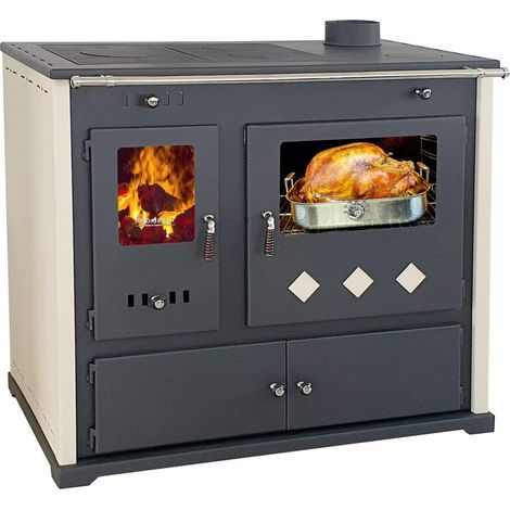 Prometey – Cuisinière à bois 9.5 kW – Rendement 87.54 % – Raccord tuyau fumée Ø 130 mm – Dimensions 940x520x900 mm – Pour bois et briquettes