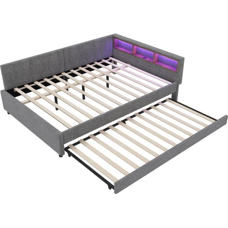 Lit de jour, 140200 cm, canapé-lit, compartiment de rangement du lit, USB+Type C, avec bande lumineuse LED, lit gigogne, lit avec sommier à lattes (sans matelas), lin, gris