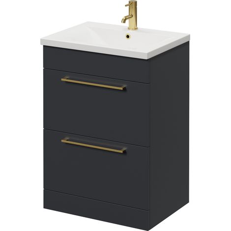 Napoli 460 Gloss Grey 600mm 2 Drawer Vanity Unit with Glide Basin - 600mm - Brushed Brass 320mm Handle