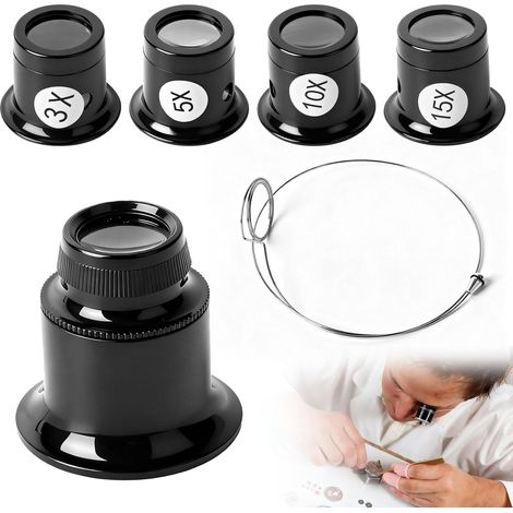Lupa de joyero de 5 piezas, lupa de relojería 3X 5X 10x 15x 20x, lupas de joyero para ocular de relojería + 1 herramienta (1/5)