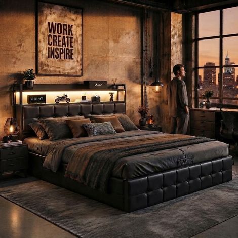 Lit coffre 140x190 cm avec LED, lit double avec sommier, rangement hydraulique, tête de lit capitonné avec rangement, ports de charge USB, PU et Fer noir (1/5)