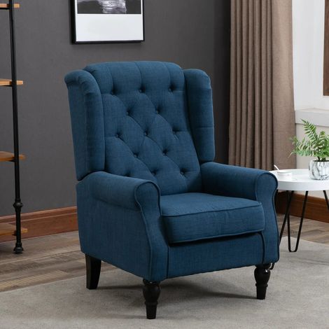Poltrona orecchioni 74/86/102 cm blu, imbottita con lavorazione capitonné e gambe in legno (1/5)