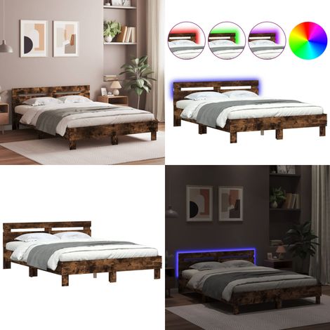 Bettgestell mit Kopfteil LED-Beleuchtung Räuchereiche 140x190cm - Holzbettfassungen - Bettsystem - Lattenrost - Kopfteil - Rauchfarben Möbel - Home & Living (1/5)