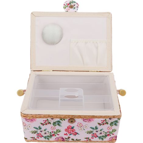 Panier à Couture Double Couverture Grande Capacité Poignée Confortable Motif Floral Tissu Polyester Rangement Outils 24cm (1/4)