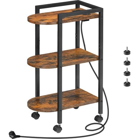 Table d’Appoint, Bout de Canapé Étroite sur roulettes 3 Niveaux, avec Multiprise, Table de Chevet avec Pieds Réglables, pour Chambre, Salon, Petits Espaces, Marron Rustique et Noir (1/5)