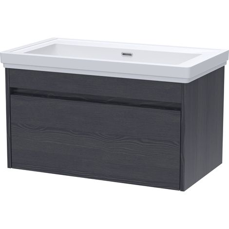 Swainsley Contemporary Wall Hung 1 Drawer Vanity Unit with Traditional 0 Tap Hole Fireclay Basin, 800mm, Graphite Grey Woodgrain