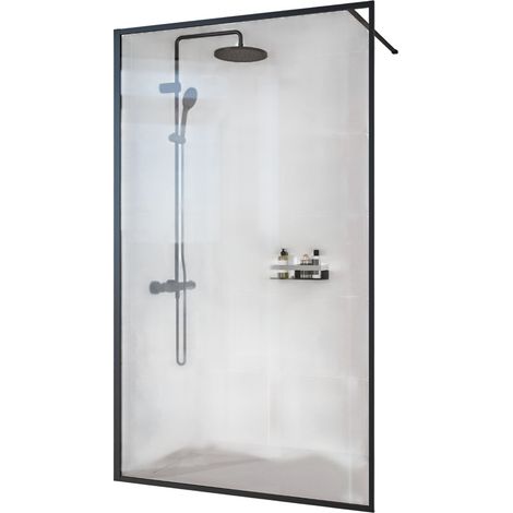BERNSTEIN - Mampara de ducha italiana 100x200cm, cristal NANO 8mm, perfil de pared + barra estabilizadora negra mate - FRAME