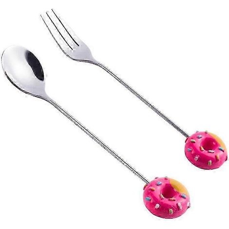 Lot de 2 couverts pour enfants en acier inoxydable, motif donut, cuillère et fourchette à long manche, rouge RCNRed, avec manches en forme de donut. Idéal pour le café et les desserts. (1/2)