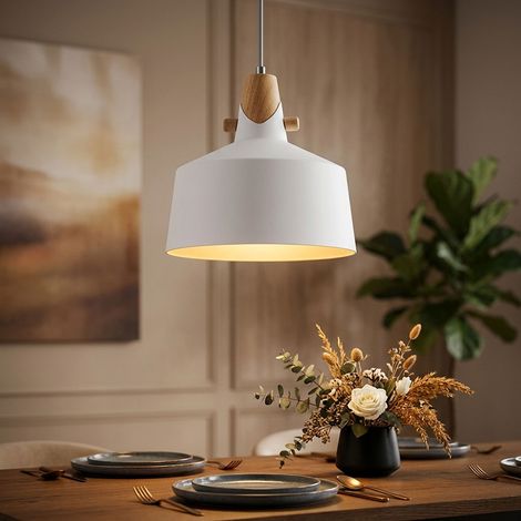 Lampe à suspendre Plafonnier Salon blanc mat imitation bois D 28 cm (1/5)