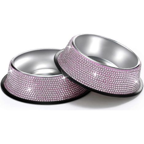 Gamelle pour animaux de compagnie en acier inoxydable ornée de strass, mangeoire brillante décorée de diamants pour chiens et chats (1/5)