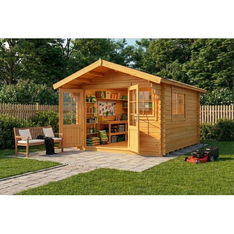 Alpholz Gartenhaus aus Holz in Pinie, Holzhaus mit 28 mm Wandstärke Blockbohlenhaus