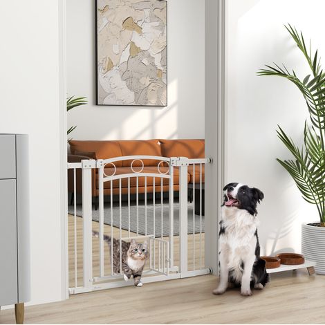 Barrière de sécurité 104x5x77 cm en métal blanc avec porte chat, pour escalier – MEUBLIV (1/5)