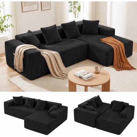 Divano angolare compresso a 3 posti in velluto a coste nero, divano modulare, sedute profonde, chaise longue dritta, non richiede montaggio, 261x156x80 cm (1/5)