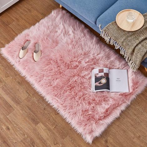 Tapis doux et moelleux en fausse fourrure de mouton pour chambre à coucher et salon (60 x 90 cm, rose) (1/5)