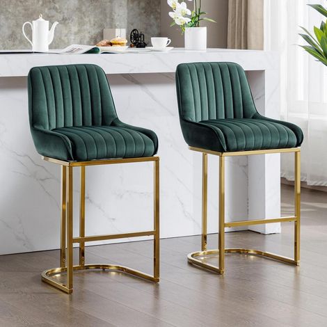 Barhocker 2er Set Samt mit Rückenlehne und goldenem Metallbein, Grün (1/5)