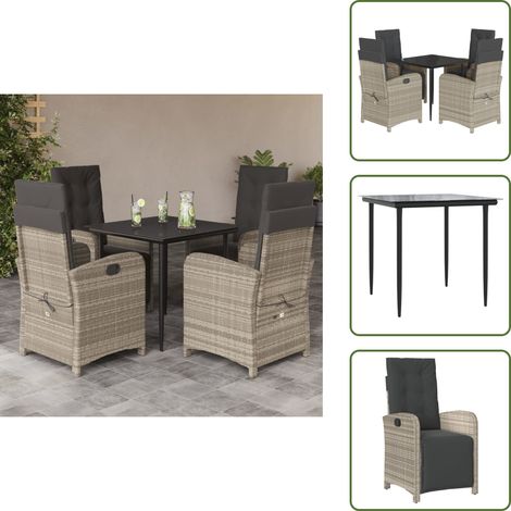 Rattanstuhl - vidaXL 5-tlg. Garten-Essgruppe mit Kissen Hellgrau Poly Rattan - Sitzkissen (1/5)