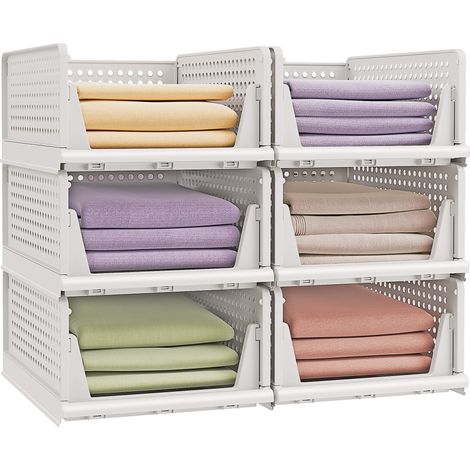 Organisateur d’Armoire Pliable, Lot de 6, Tiroir Coulissant Empilable, Panier, Étagère de Rangement, en Plastique, pour Chambre, Bureau, Salle de Bain, Blanc (1/5)