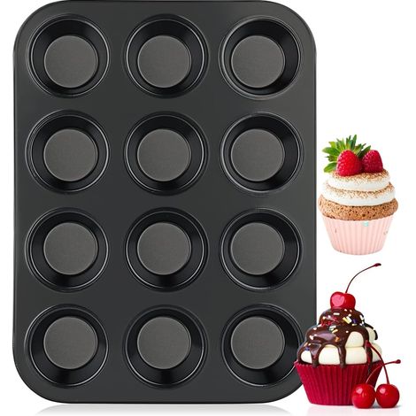 Moules à Muffins,Moules à Cupcakes en Acier Carbone Antiadhésif,Moule Patisserie,Muffin Pan pour 12 Muffins,Plateau de Cuisson pour Petit Gâteau,Brownies,Pudding(Noir,35 26cm),Parent,- (1/5)