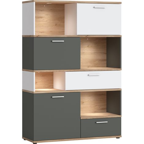 Regal Highboard mit Beleuchtung in Eiche Nb. mit weiß und grau TOMAR-129, B/H/T ca. 115/168/40 cm (1/5)