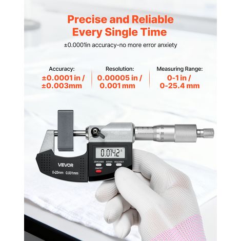 Micromètre Extérieur Numérique 0-25,4 mm 0-1 pouce Micromètre de Précision 0,003 mm 0,0001 pouce Commutateur mm et pouce Résolution… (1/5)