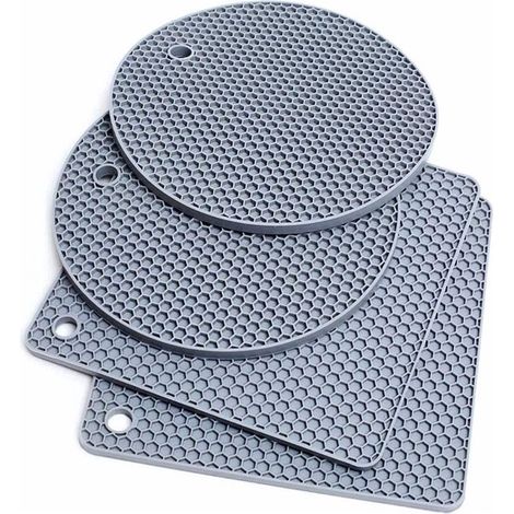 Lot de 4 sous‑verres en silicone – Ronds et carrés – Gris clair – Résistants à la chaleur – Ouvre‑bocal intégré (1/4)