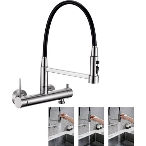 DETBOM Miscelatore da Cucina a Parete Rubinetto da Cucina con 3 Getti Miscelatore per Lavello con Tubi Estraibili Rubinetti in Acciaio Inossidabile Spazzolato