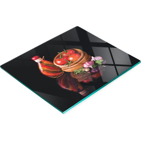 Planche de service en verre pour la cuisine, décorée de tomates et d'ail, 60 x 52 cm (1/5)