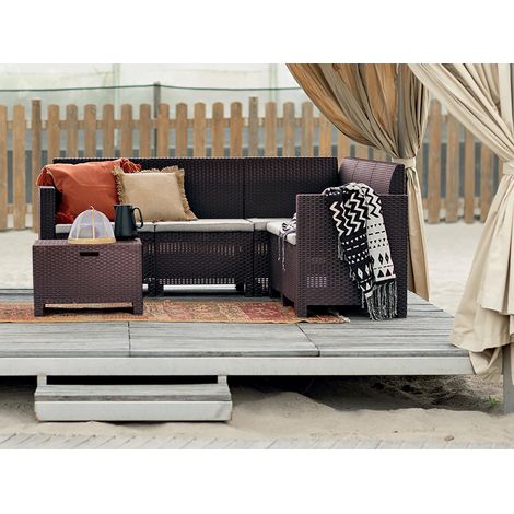 Dmora - Conjunto de salón exterior Dcorre, Conjunto de jardín con cojines, Conjunto de salón interior efecto ratán, 100% Made in Italy, Marrón (1/5)
