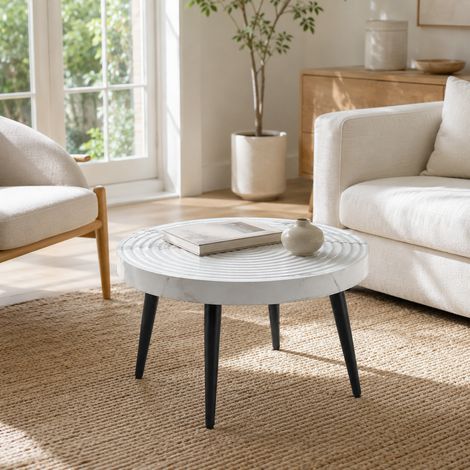 Table basse ronde 60 x 60 x 37 cm blanche, plateau effet marbre 5 cm, pieds métal réglables MEUBLIV (1/5)