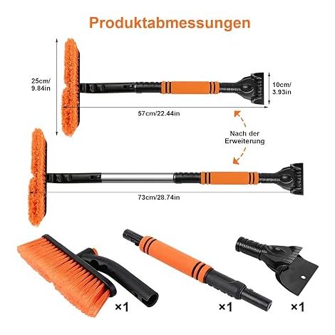Extendable Snow Brush and Ice Scraper and Snow Brush Car with Foam Handle and Rotation Brushes for Cars SUV Truck Windshield Orange 73cm Brosse à Neiges Voiture avec Mousse Poignée et Rotation Brosse (1/4)