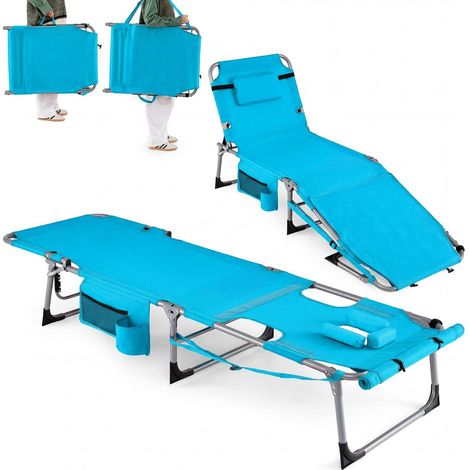 Transat avec ouverture pour le visage, dossier et repose-pieds réglables, transat de jardin pliable - bleu