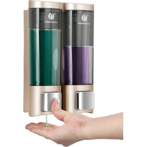 1 - Distributeur de savon - Distributeur mural - Réservoir double 2x200 ml - Pour shampooing et gel douche - Usage hôtel et cuisine - Doré - 20x10 cm (1/5)