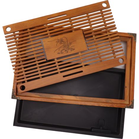Plateau à thé Kongfu de style chinois, en bois, avec système d'égouttage et de récupération d'eau, motif orchidée jaune. (1/5)