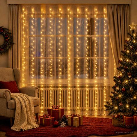 vidaXL Cortina de luces 300 LED Blanco Cálido 300 x 300 cm (1/5)