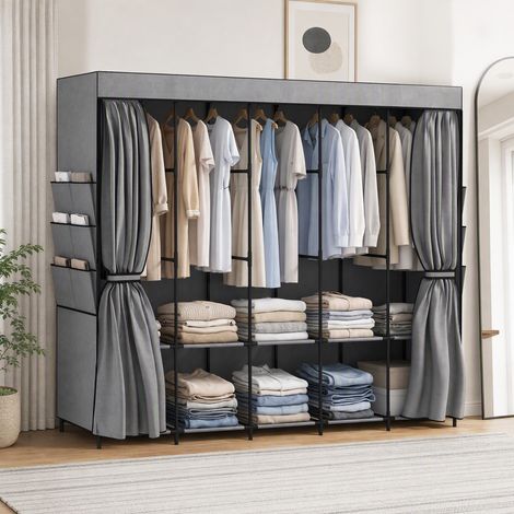 Armoire en tissu - Gris - 212x45x167 cm - 5 barres, 5 étagères, acier (1/5)