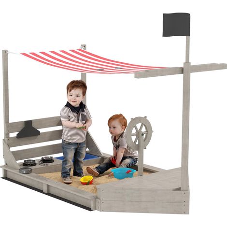 Bac à sable avec pare-soleil, motif bateau pirate, comprenant une cuisine pour enfants, en bois massif, 180 x 103 x 144,5 cm, gris (1/5)