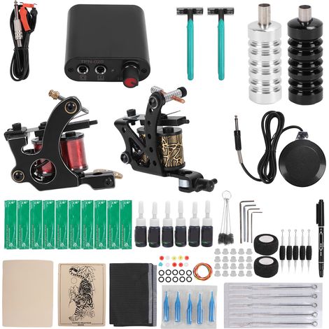 Kit de machine à tatouer à double bobine, alimentation, encres d'entraînement, kit complet pour liner et shader, prise 90-265VEU (1/5)