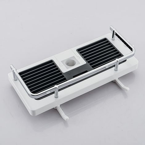 Étagère de douche sans perçage Étagère de douche réglable pour la tringle de douche Rangement de salle de bain avec support de douche Étagère avec 2 petits crochets (1/5)