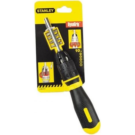Destornillador Porta-Puntas de Carraca - 10 Puntas - Estándar - Phillips - Torx - Pozi - Cuadrada - STANLEY, 0-68-010