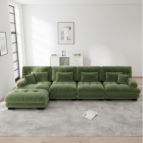 Sofá esquinero modular de 4 plazas de chenilla verde con otomana móvil DESVIAE (1/5)