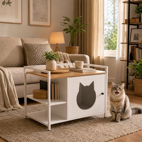 Meuble multifonctionnel pour litière avec ouverture pour la tête du chat, table d'appoint avec 2 étagères et espace de rangement, mobilier moderne pour chat pour salon et chambre (blanc et bois) (1/4)