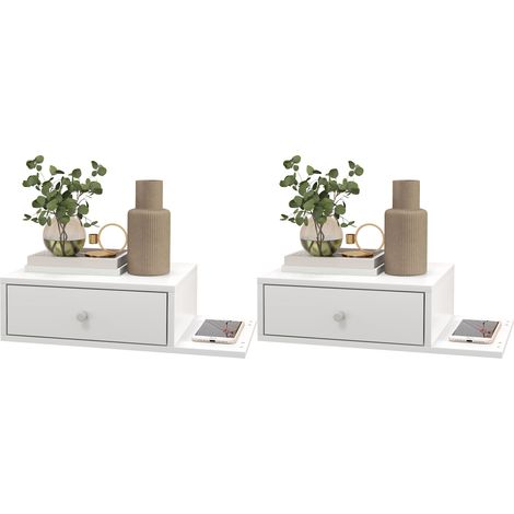 Juego de 2 mesitas de noche de pared Irovami - estante lateral y cajón - 55 cm (ancho) x 30 cm (profundidad) x 15 cm (alto) - MDF blanco